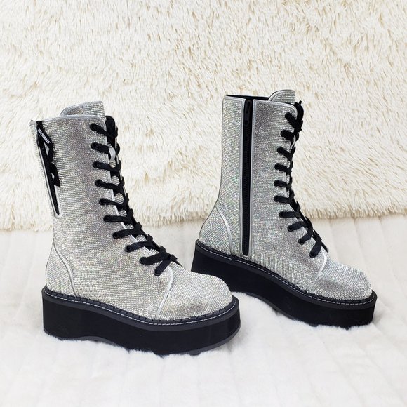Super Sparkle Iridescent Rhinestone Platform Combat Mid Calf Boots 362 Emily - Picture 9 of 17